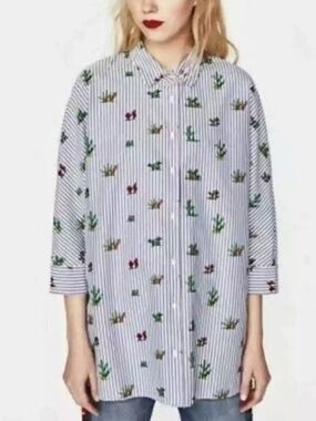 Zara Trafaluc Striped Oversized Cactus Print Blouse